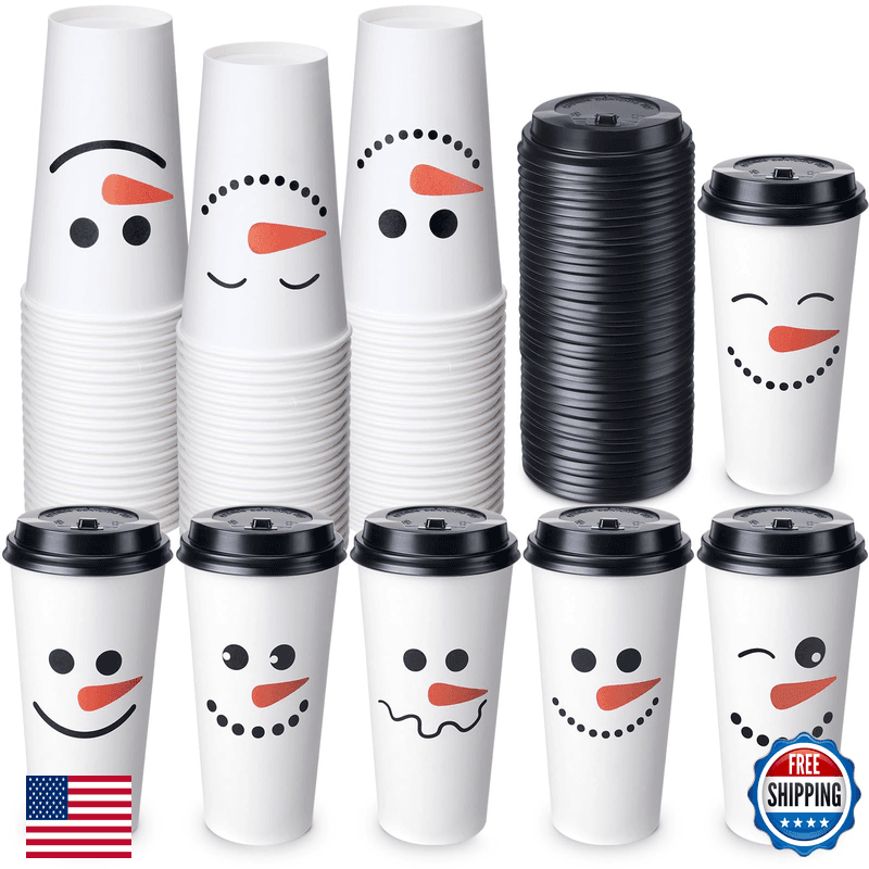 Sliner 120 Pcs Christmas Snowman Disposable Paper Coffee Tea Cups Lids Winter - Image 1