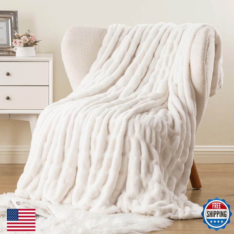 Battilo White Faux Rabbit Fur Throw Blanket Luxury Plush Ruched Cream Fur - Image 1
