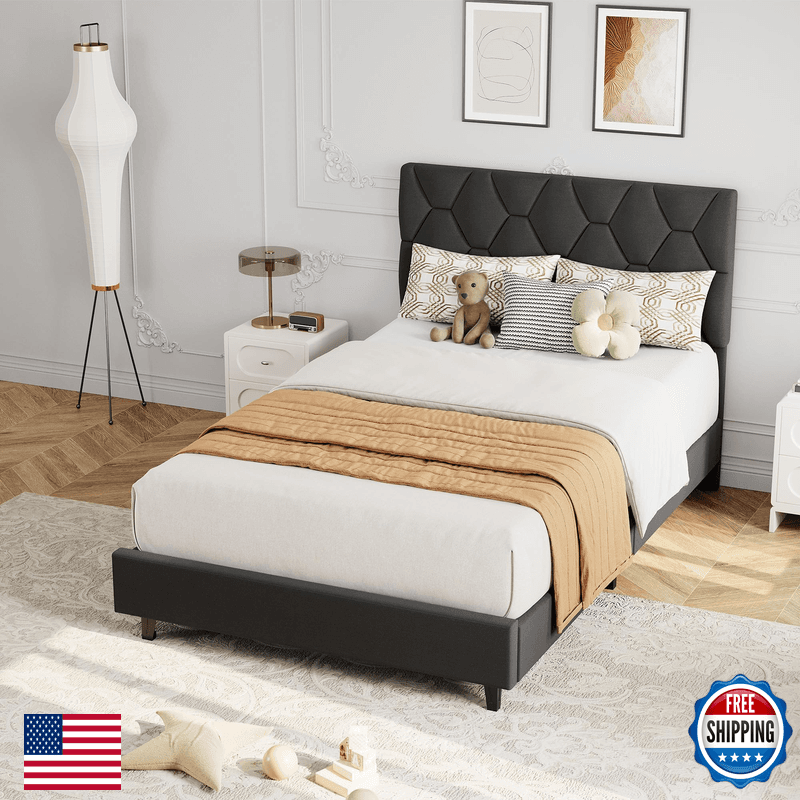 Garveehome Twin Size Platform Bed Frame Upholstered Headboard And Wooden Slats - Image 1