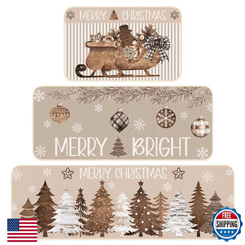 Layhit 3 Pcs Brown Christmas Kitchen Rugs And Mats Set Merry Christmas Kitchen - Image 1