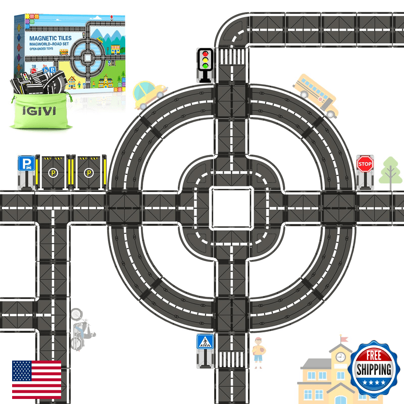 Igivi Magnetic Tiles Road Set Roads Expansion Pack Magnetic Blocks Building - Image 1