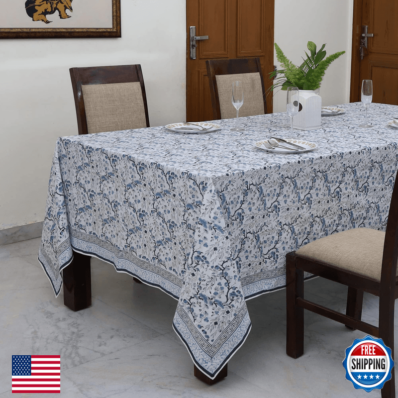 Ridhi Spruce Carolina Blue Hand Block Print Cotton Rectangle Tablecloth 90 X 60 - Image 1