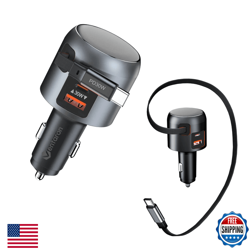 Ventaron 60W Retractable Car Charger 3-Port Usb-C Car Charger Adapter Built-In - Image 1