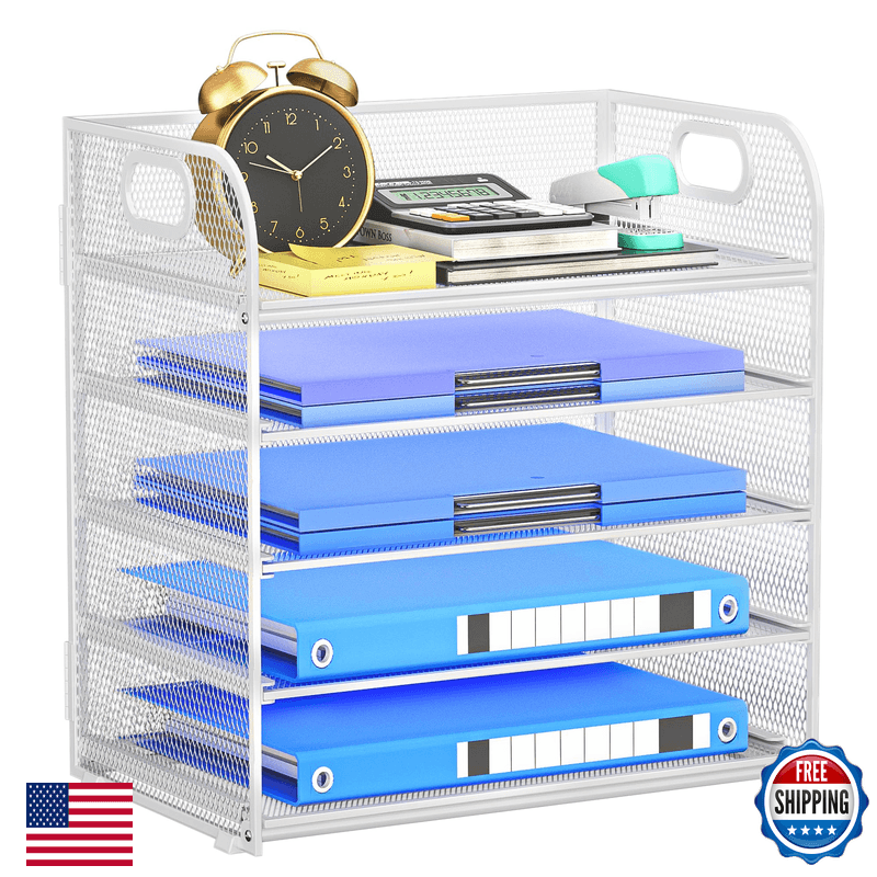 Kinkota 5-Tier Stackable Paper Organizer Handle White Metal Mesh Desk Organizer - Image 1