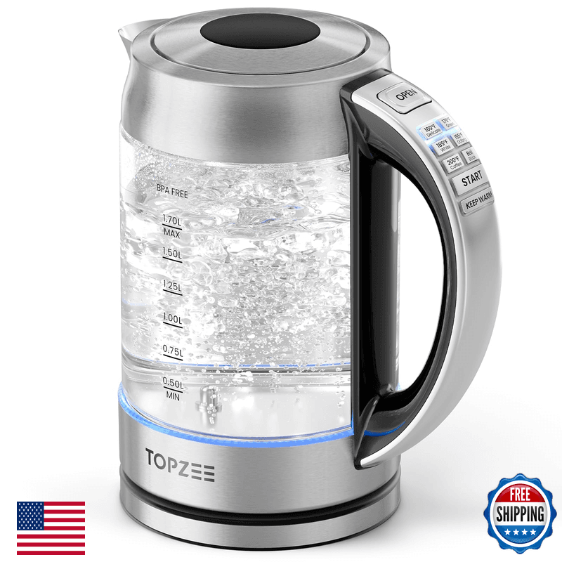 Topzee 1.7L Glass Electric Kettle For Coffee Tea Hot Water Boiler 6 Preset - Image 1