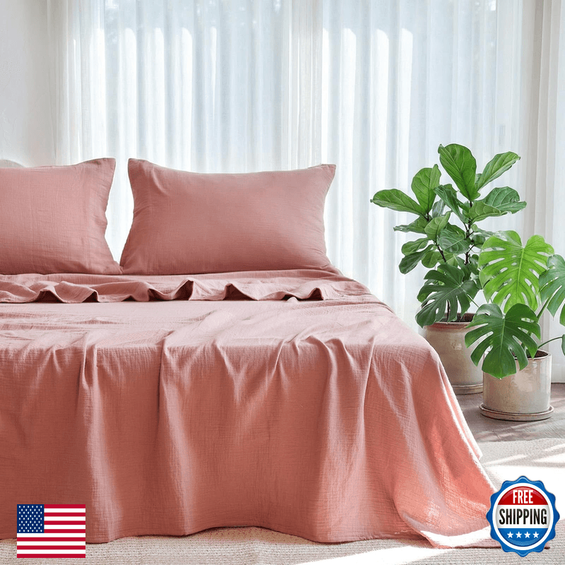 Lutbm Queen Size Bed Set 100 Cotton Bed Sheets Gauze 4 Pcs Mocha Brown Muslin - Image 1