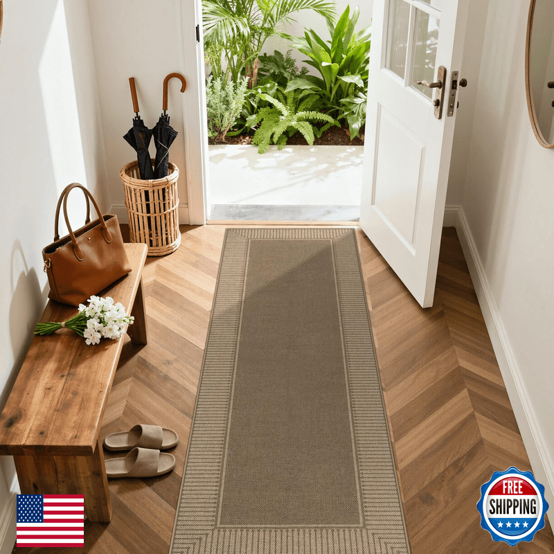 Moynesa Brown Striped Border Easy Jute Runner Rugs 2.5X8 Indoor Outdoor - Image 1
