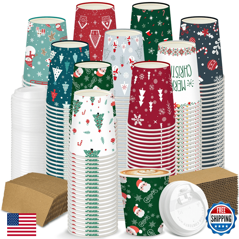 Qilery 300 Pcs Christmas Paper Coffee Cups Lids And Sleeves Festive Christmas - Image 1