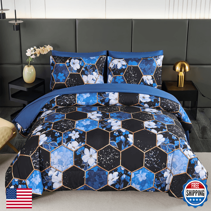 Zrnbast Queen Comforter Set 7 Pieces Blue Floral Bedding Set Geometric Bed In A - Image 1