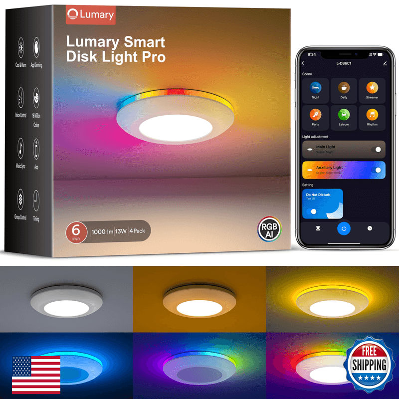 Lumary 5/6 Inch Smart Led Disk Light Pro 4Pack Color Changing Wifi Smart - Image 1
