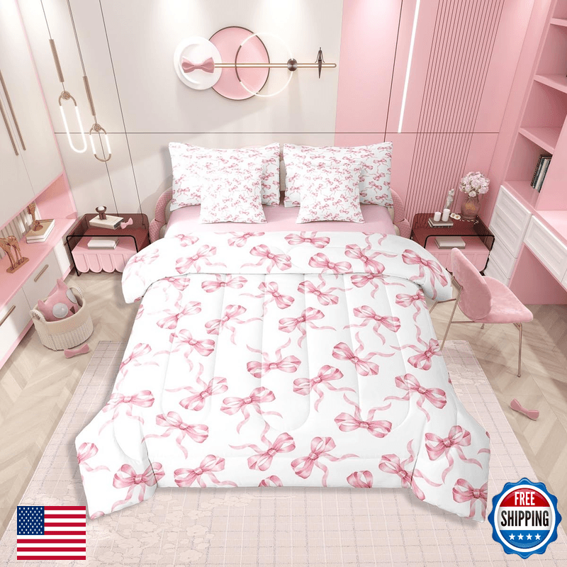 Erosebridal Bow Girls Bedding Pink White Bowknot Princess Twin Comforter Set - Image 1