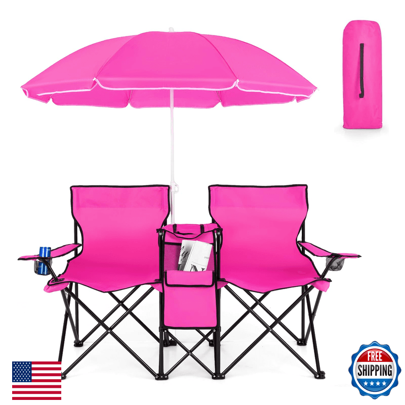 Costway Double Portable Picnic Chairs Folding Camping Chairs W/Detachable - Image 1