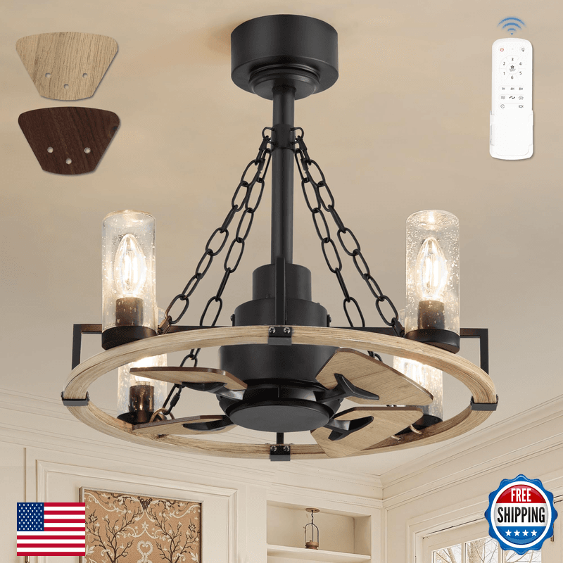 Powify Wagon Wheel Rustic Chandelier Ceiling Fan Light 20 Inch Farmhouse Caged - Image 1