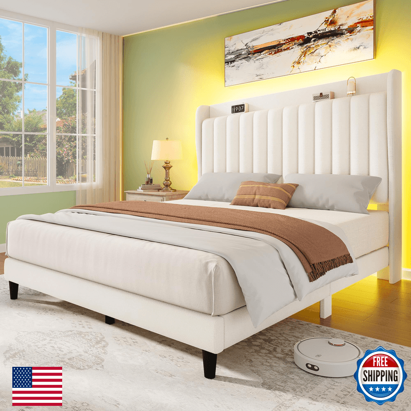 Yitahome Queen Bed Frame Adjustable Velvet Wingback Headboard 43.3-47.4 - Image 1