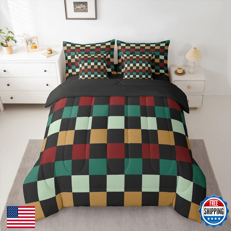 Feelyou Checkered Retro Comforter Set Sheets 7 Piece Twin Size Green Red Yellow - Image 1