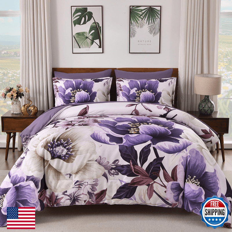 Dintszyayue Floral Comforter Set King Size Purple 7 Pieces Bed In A Bag Set - Image 1