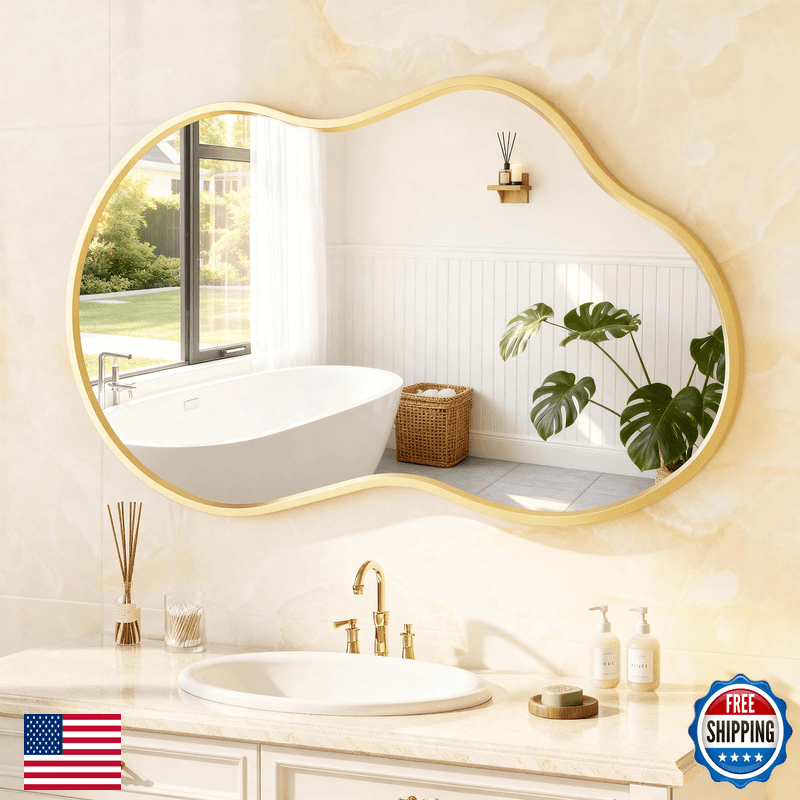 Dimelax 36X 24 Gold Irregular Wall Mirror Bathroom Asymmetrical Mirror Metal - Image 1