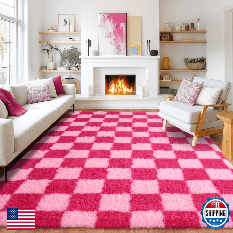 Pionblank 8X10 Area Rugs For Living Room Fluffy Plush Checkered Rug For Bedroom - Image 1