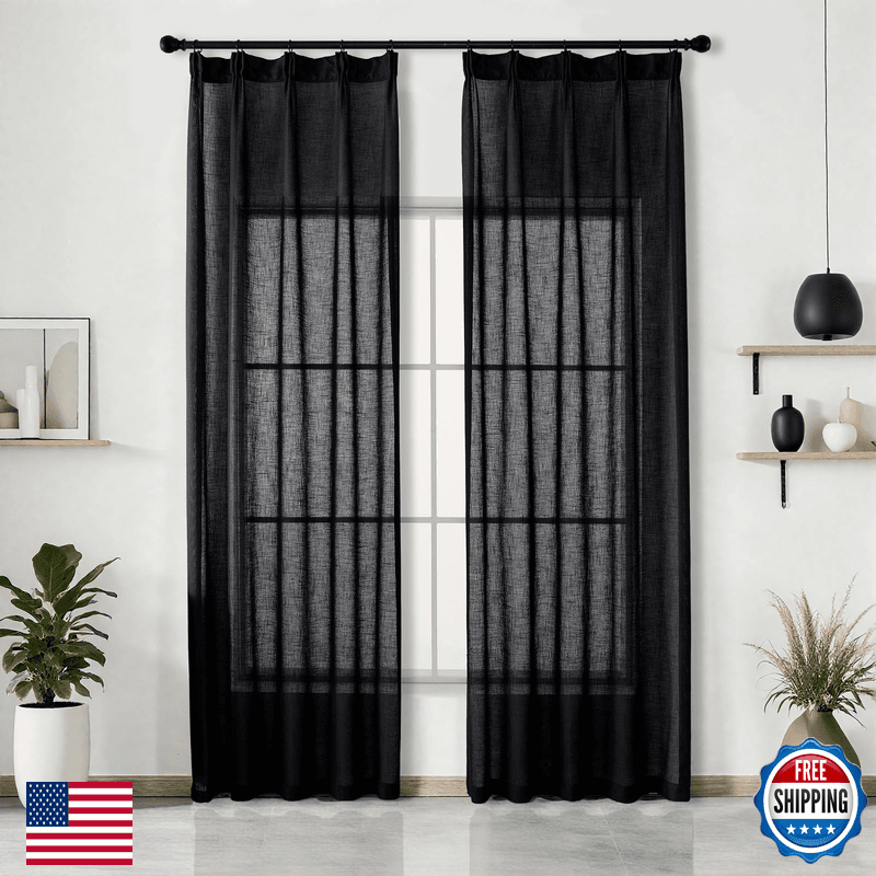 Ftinala Black Semi Sheer Curtains 108 Inches Long Linen Textured Light - Image 1