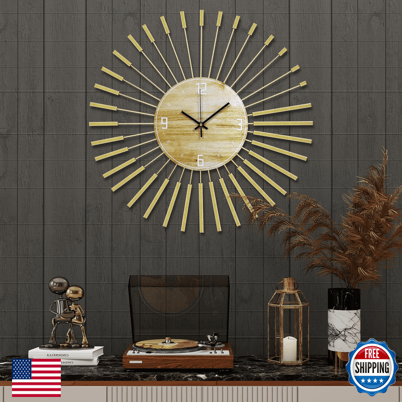 Anmotpe 23.6 Inch Gold Starburst Wall Clock Metal Wood Mid Century Modern - Image 1