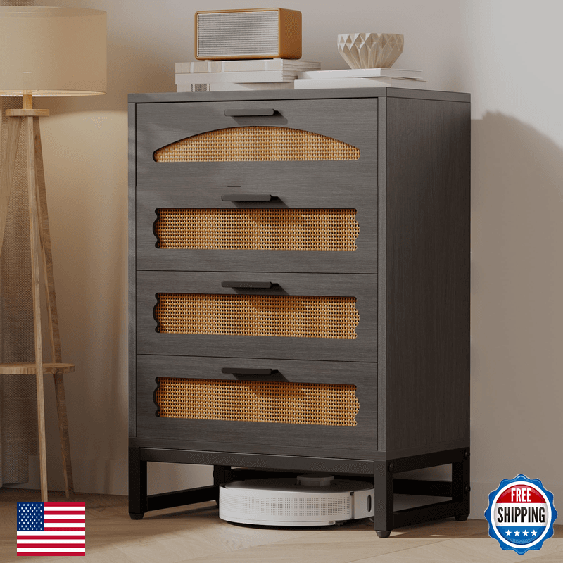 Mericonia 4 Drawer Rattan Dresser For Bedroom Wood Tall Dresser For Closet - Image 1