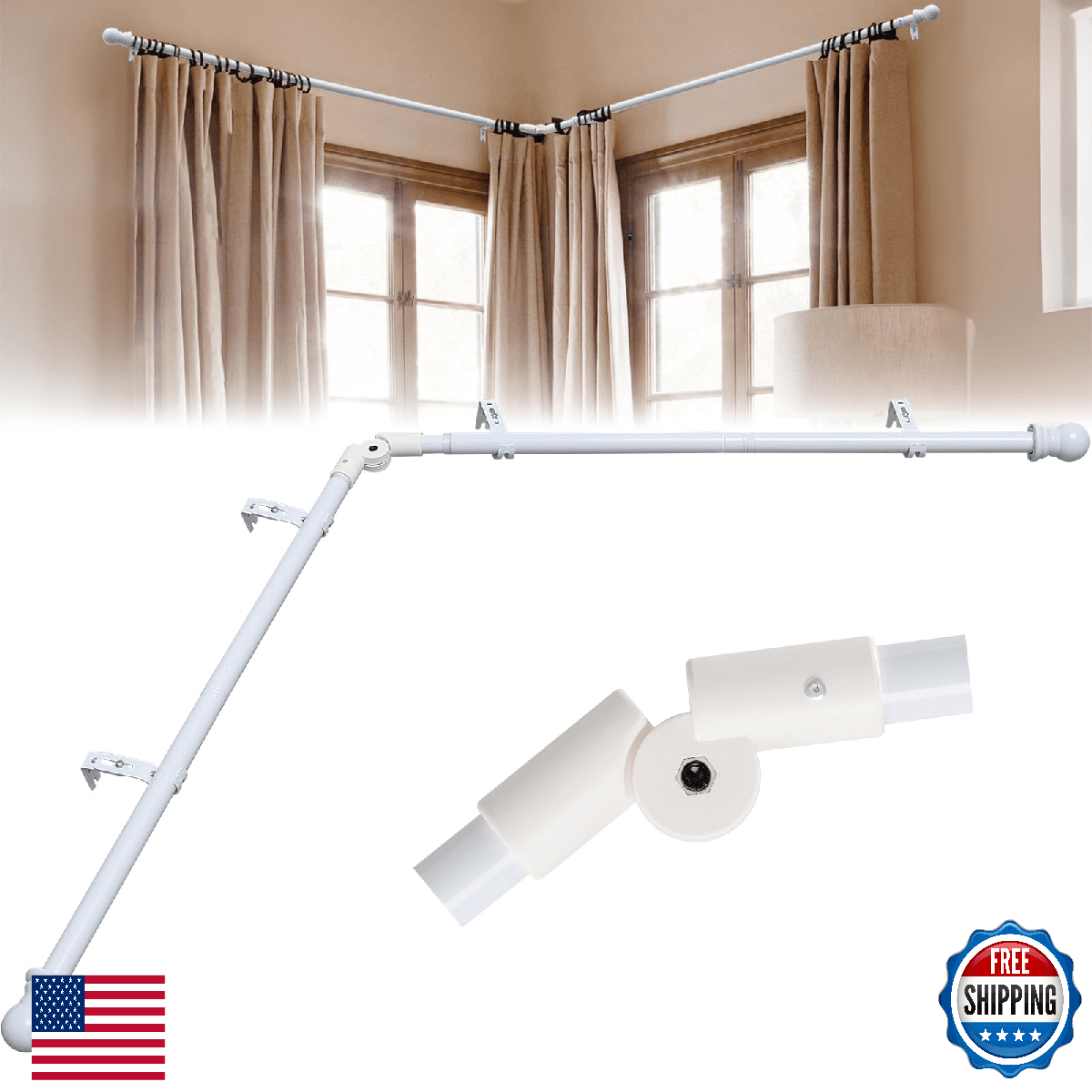 Heavy Duty Metal L-Shaped Corner Window Curtain Rod 1 Inch Adjustable Long - Image 1