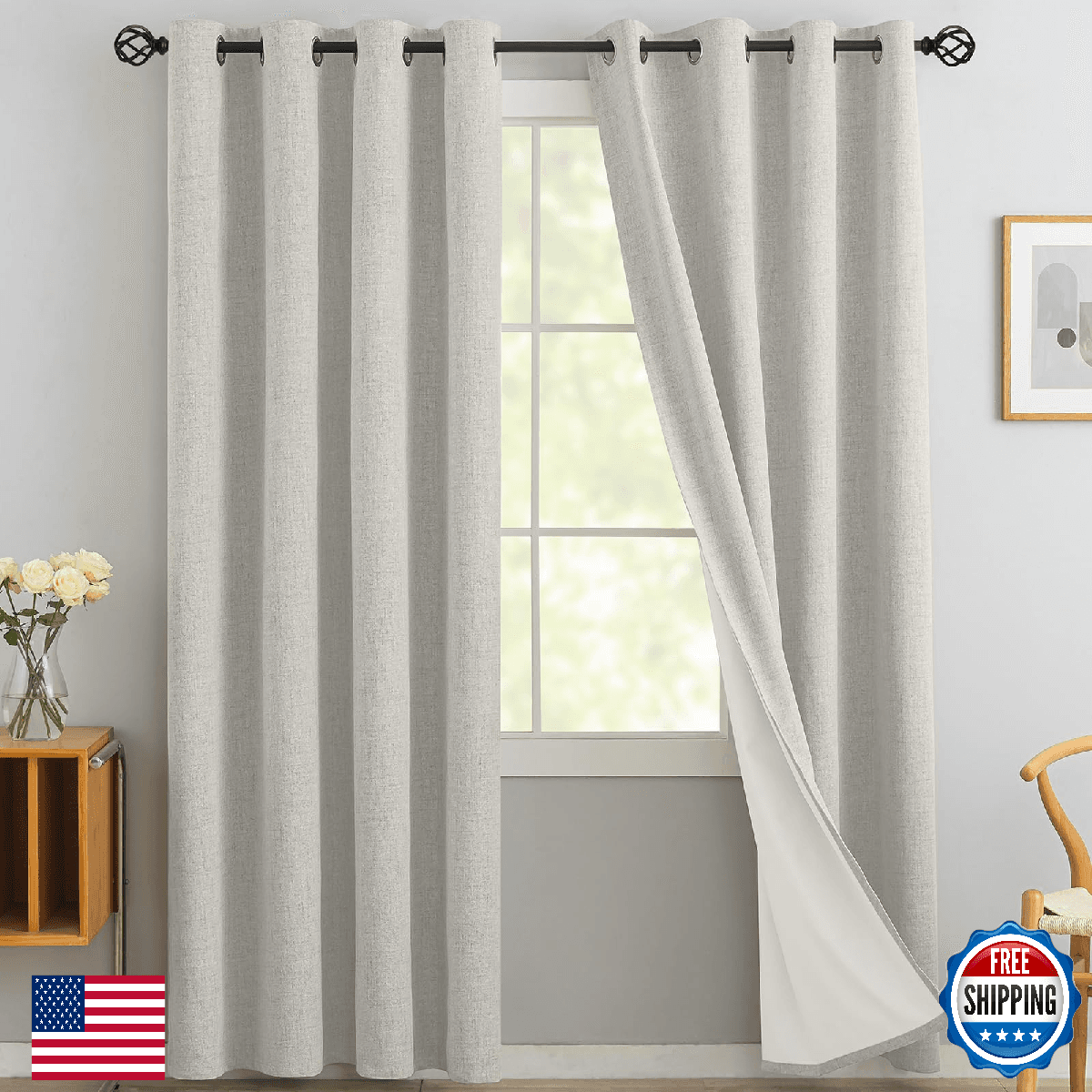 Yakamok Cream Linen 100% Blackout Curtains 90" Long Room Darkening Texture - Image 1