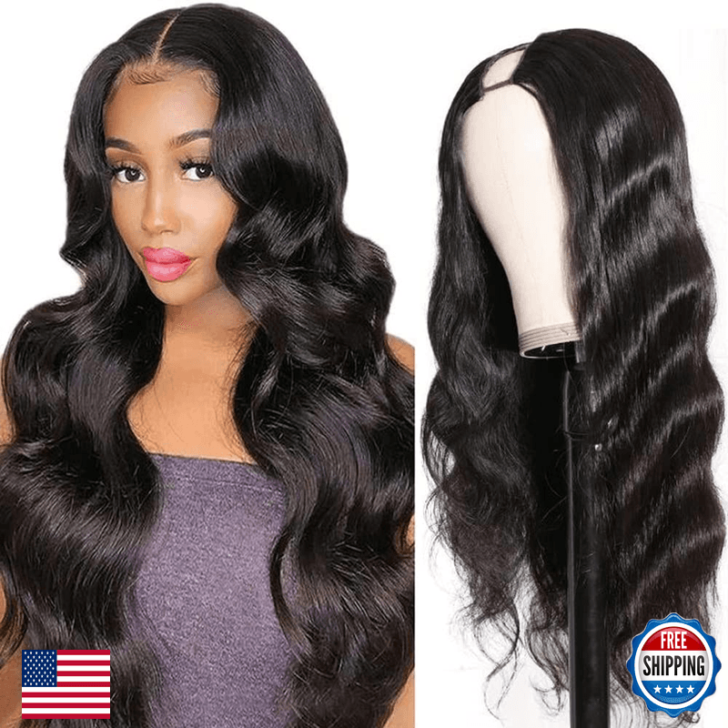 Tahikie U Part Human Hair Wig Body Wave Drawstring Wig 180 Density U Part Wig - Image 1