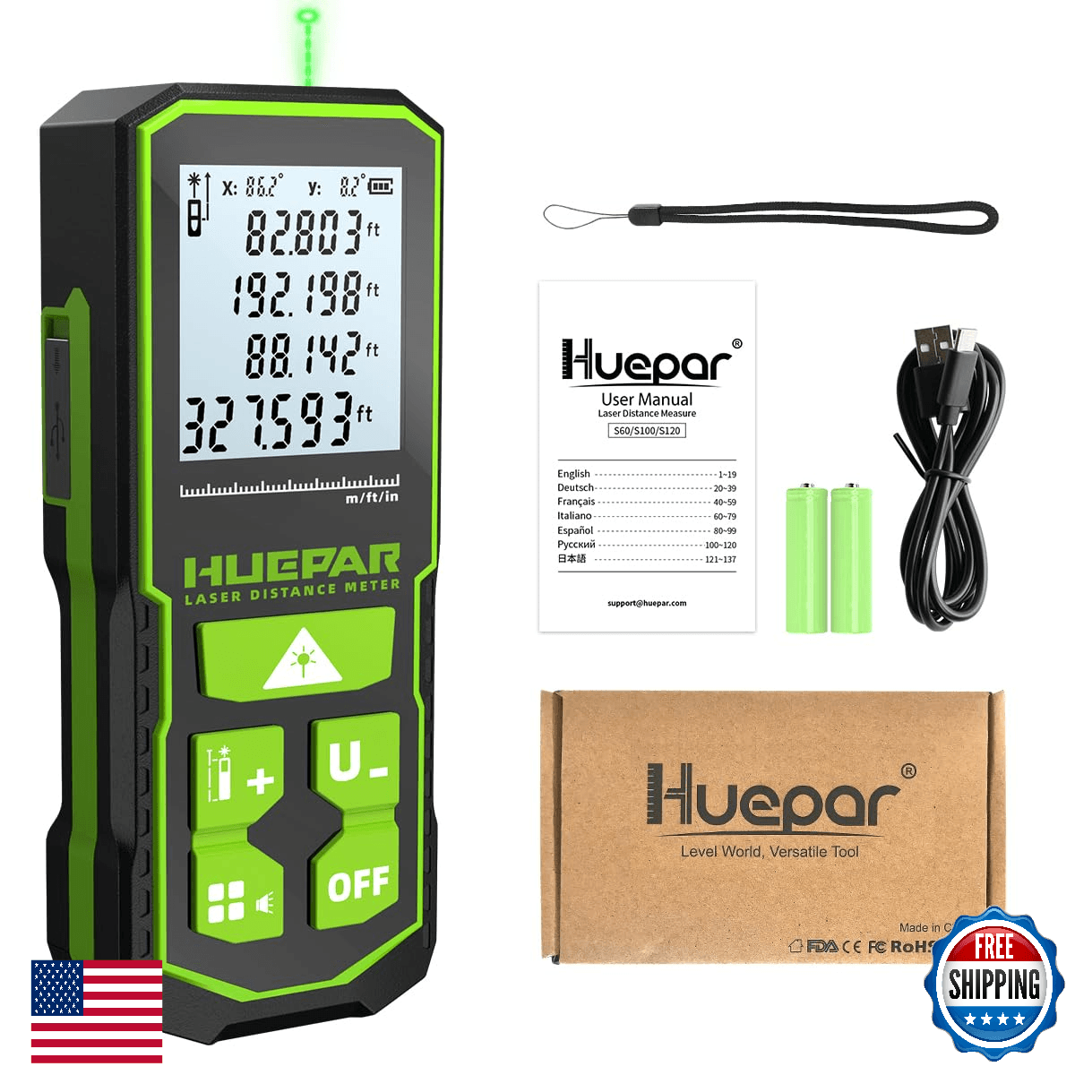 Huepar 330FT Green Laser Measure Angle Sensor, ±1/16in Accuracy, USB-C - Image 1
