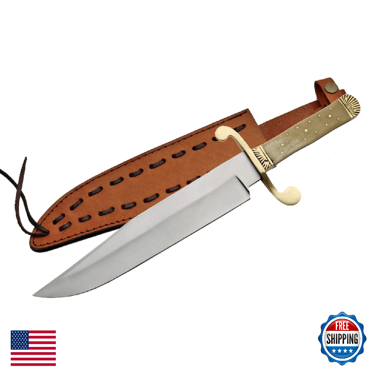 SZCO Classic Bowie Hunting Knife 15" Carbon Steel Blade Bone Handle Sheath - Image 1