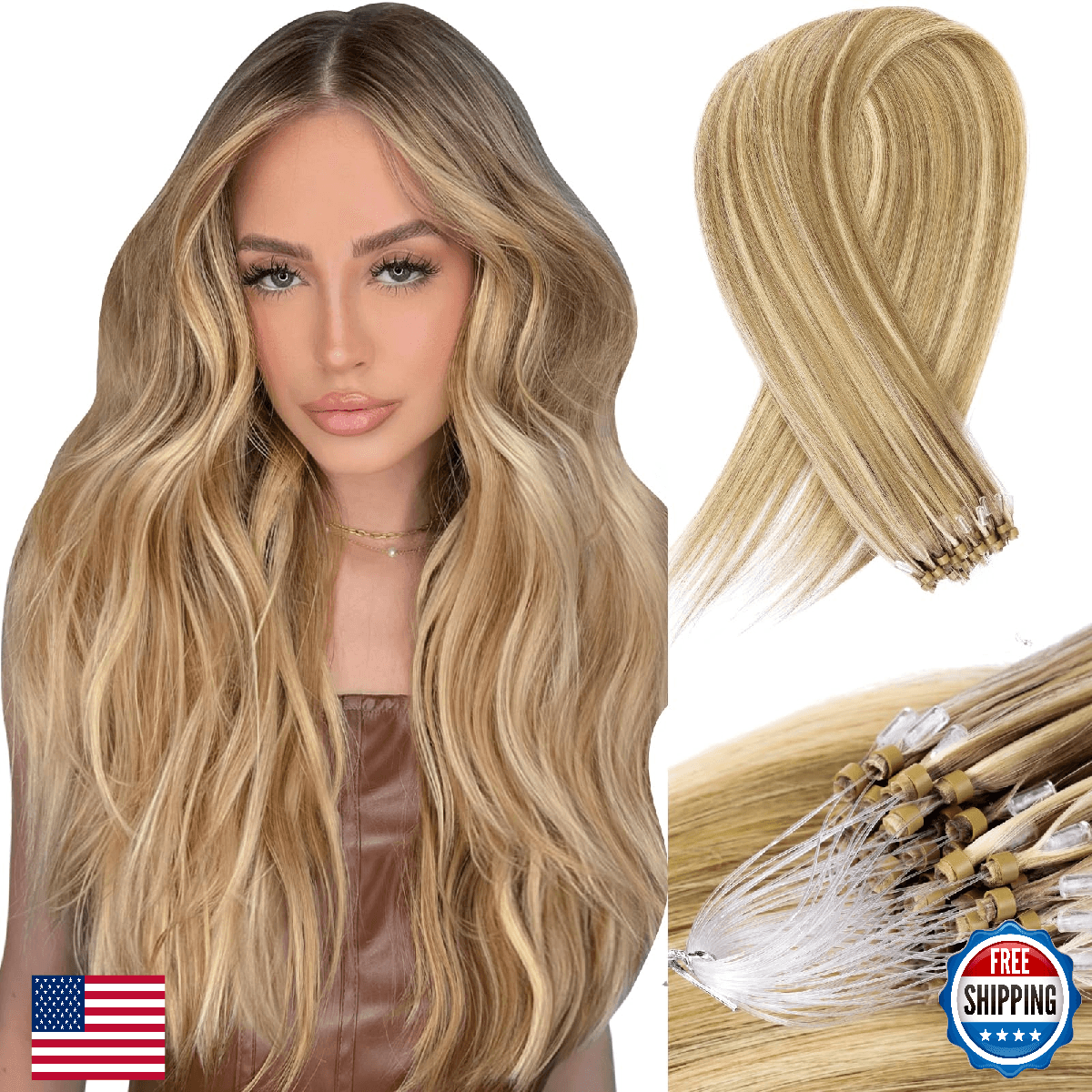 DIYOMO Microlink Human Hair Extensions #18/613 Dark Blonde Highlight Golden - Image 1