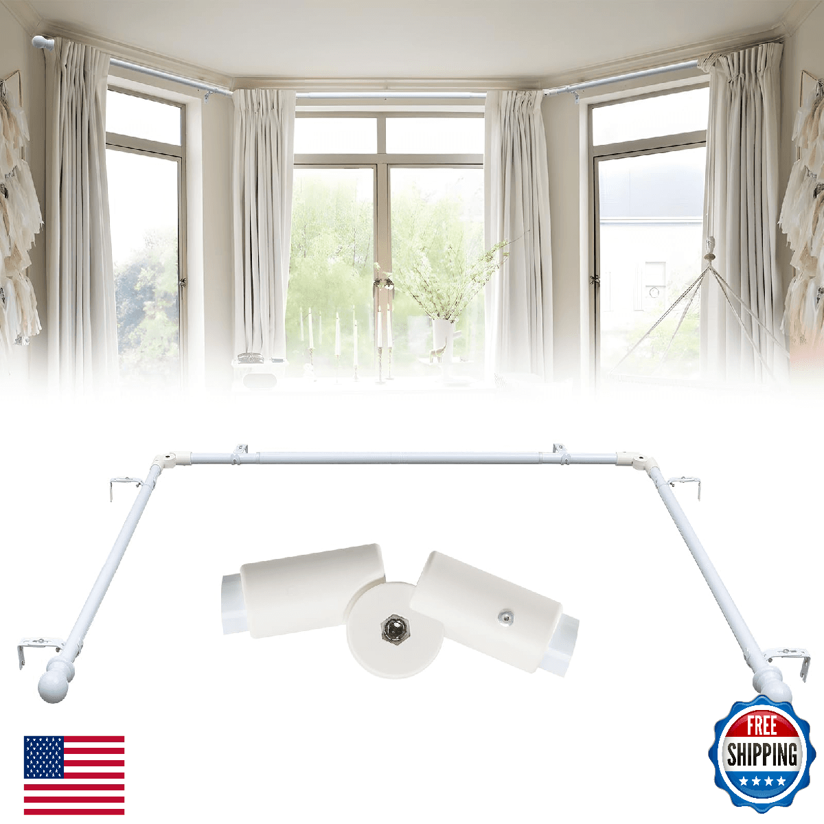 Heavy Duty Metal Corner Curtain Rod 1" Bay Window White 59-184" U Shape - Image 1