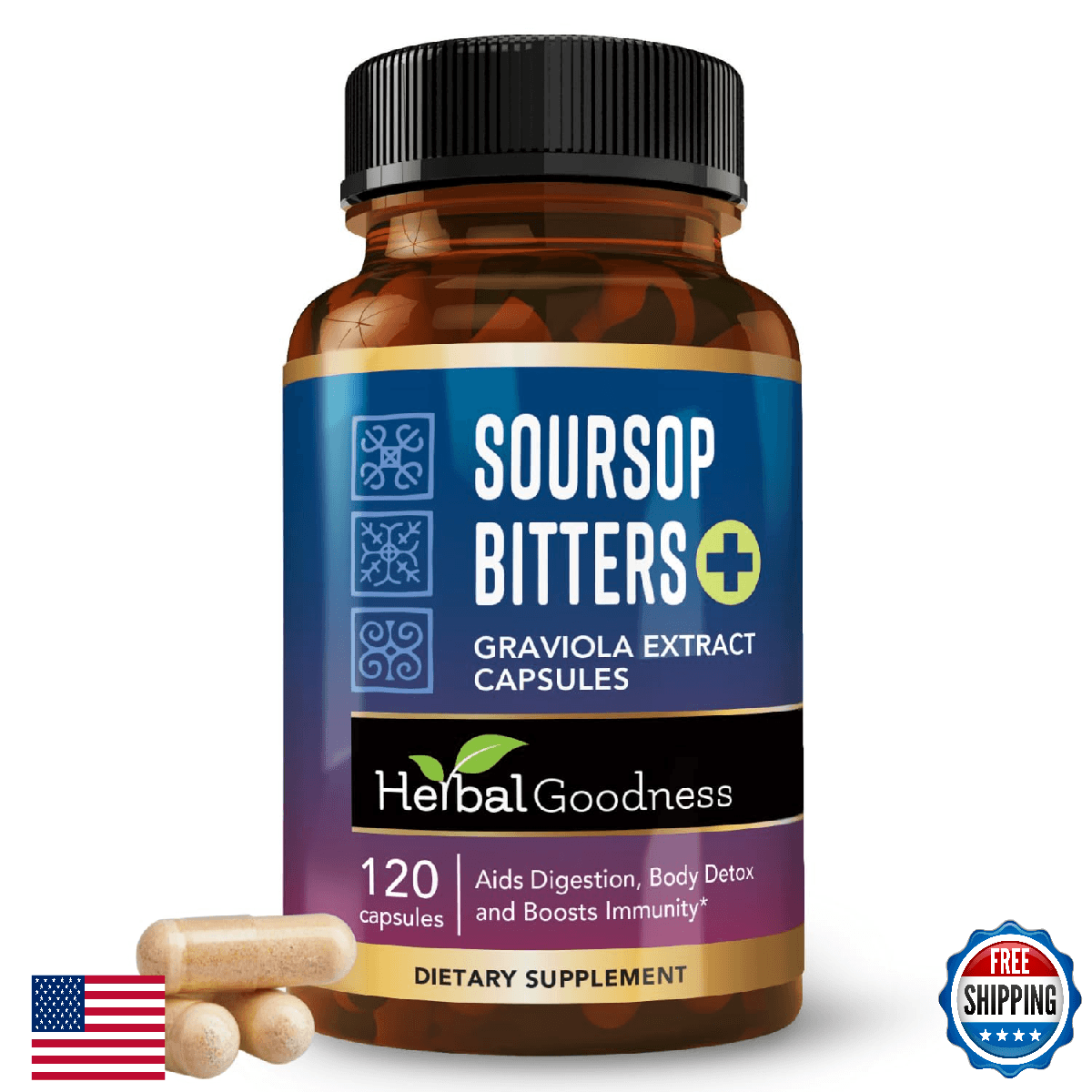Herbal Goodness Soursop Bitters Capsules 120 ct - 10 in 1 with Moringa, Papaya, - Image 1