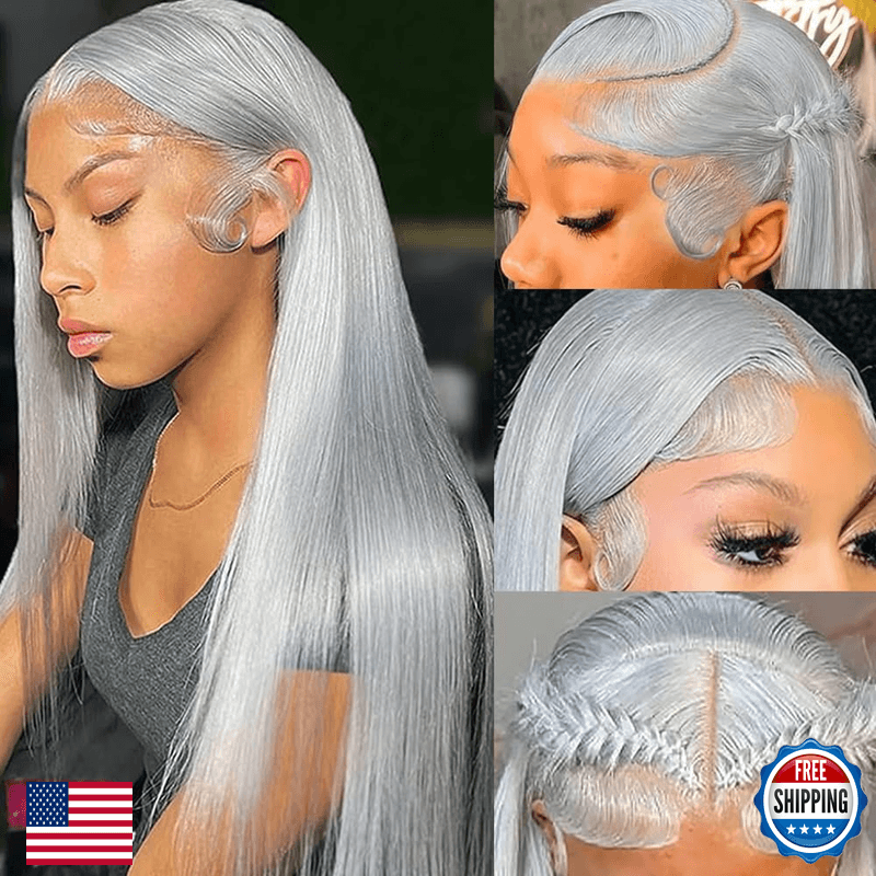 Amzhair 13X6 Silver Grey Lace Front Wigs Human Hair Straight Hd Transparent - Image 1