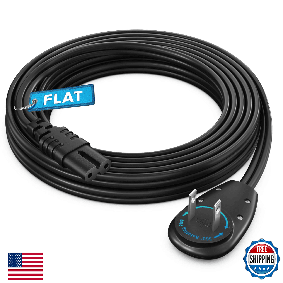 Maximm 2-Prong TV Power Cord 10ft, 360° Rotating Flat Plug, UL Certified, Non-Po - Image 1