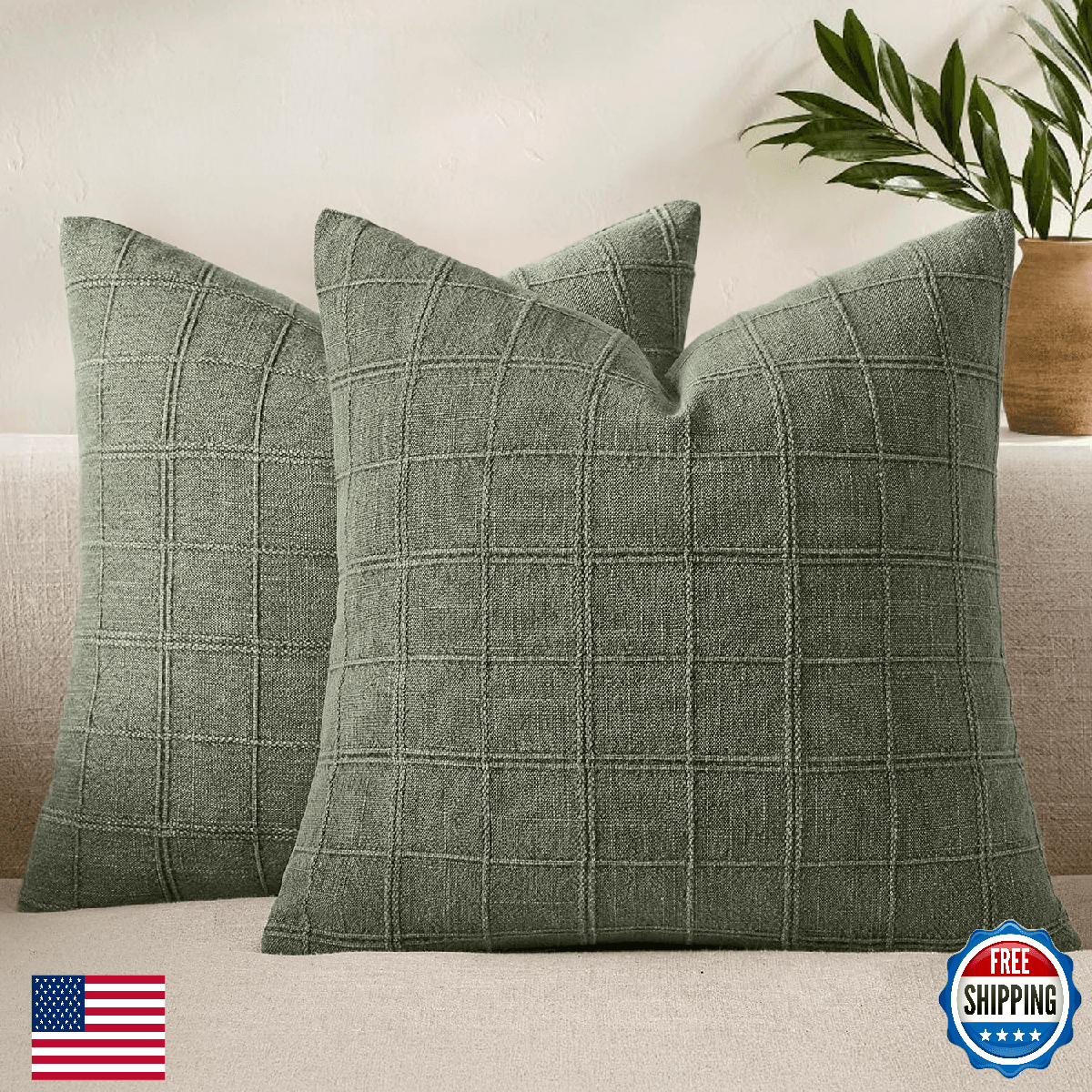 Woaboy Linen Check Throw Pillow Covers Set of 2 Light Olive Green Farmhouse Mode - Image 1