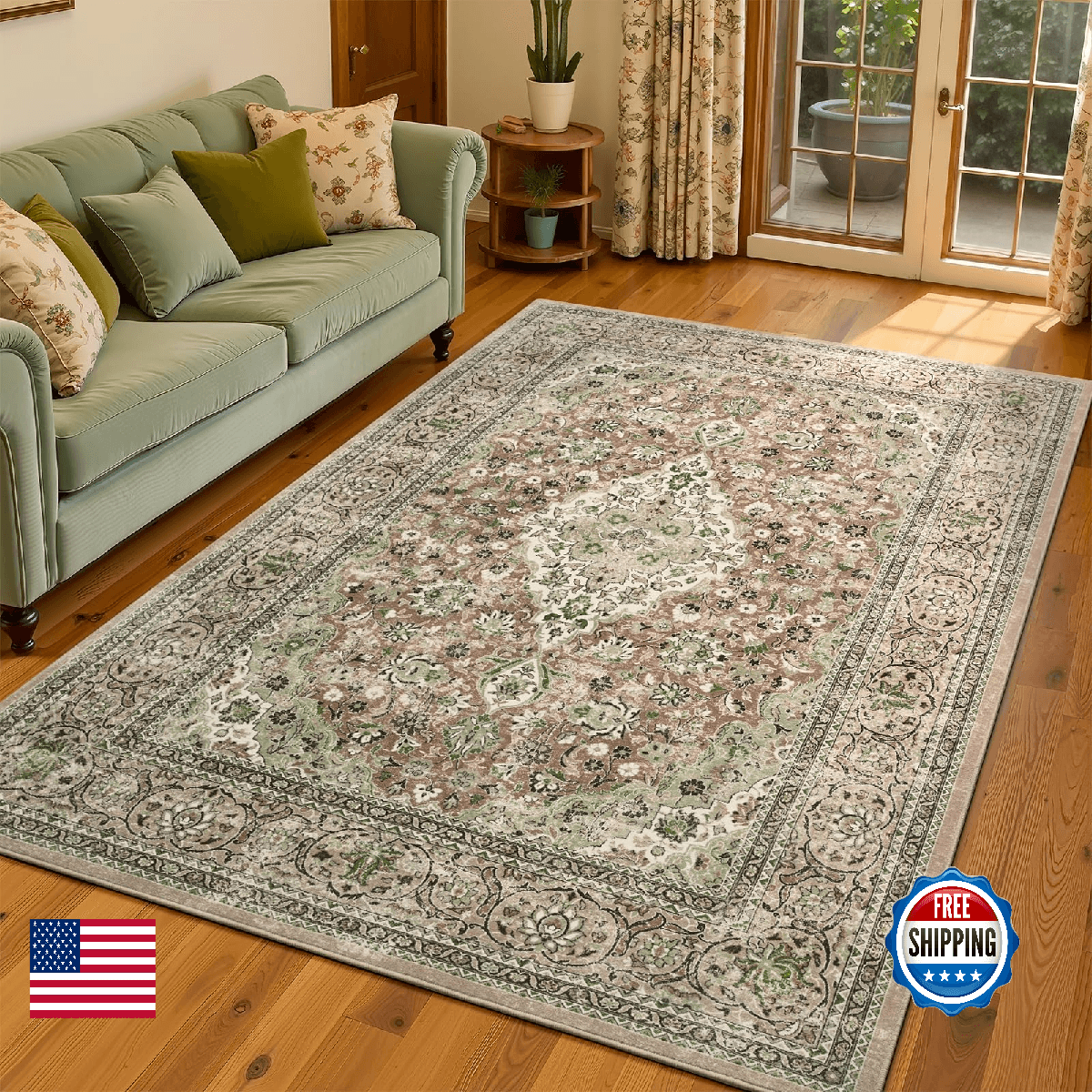 Flagover Green Washable Boho Area Rug for Bedroom, 3x5 Vintage Floral Non Slip R - Image 1