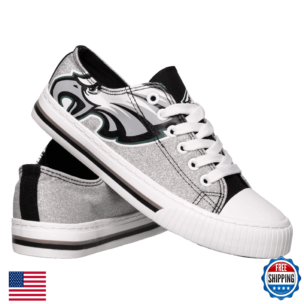 FOCO Philadelphia Eagles NFL Womens Glitter Low Top Canvas Shoes - 10 - Image 1
