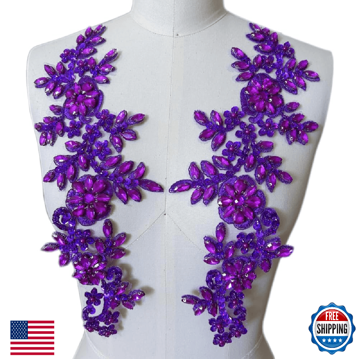 1 Pair Rhinestones Lace Applique Accessories Hand Sewn Acrylic Beads Stones Trim - Image 1