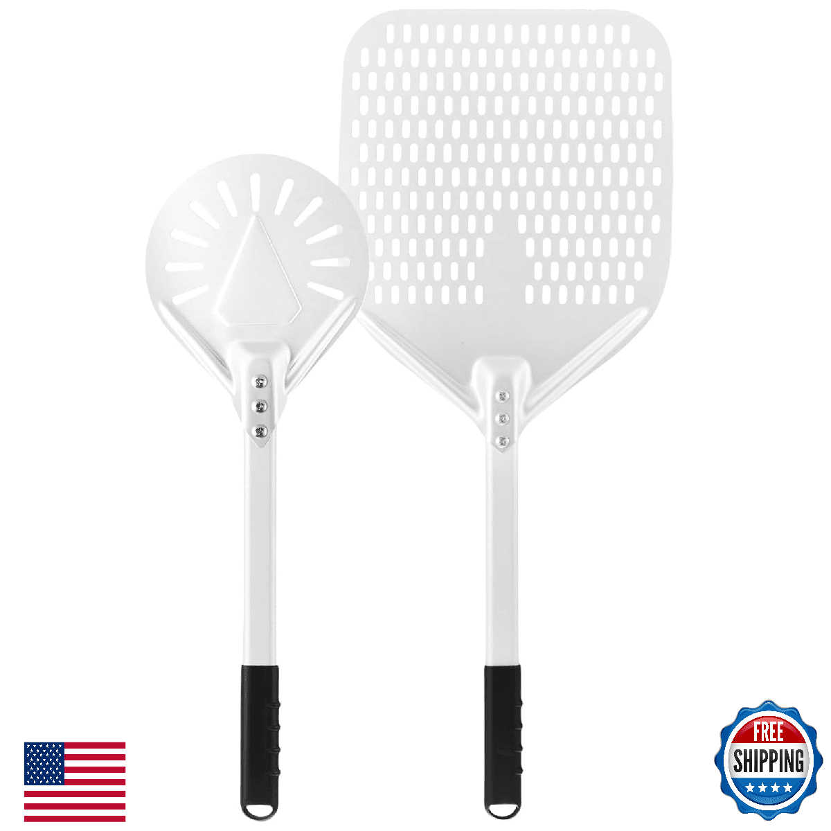 Newmeto 12" & 7" Perforated Pizza Peel Set w/ Metal Handle - Crisp Crust - Image 1