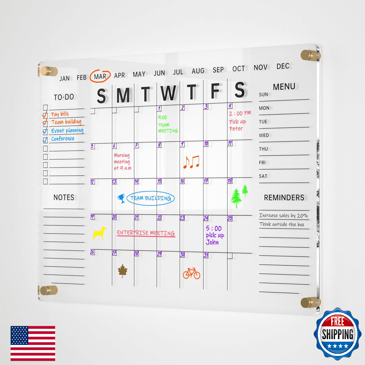 24x16 Acrylic Dry Erase Wall Calendar - Monthly Planner w/ Markers & Hardware - Image 1