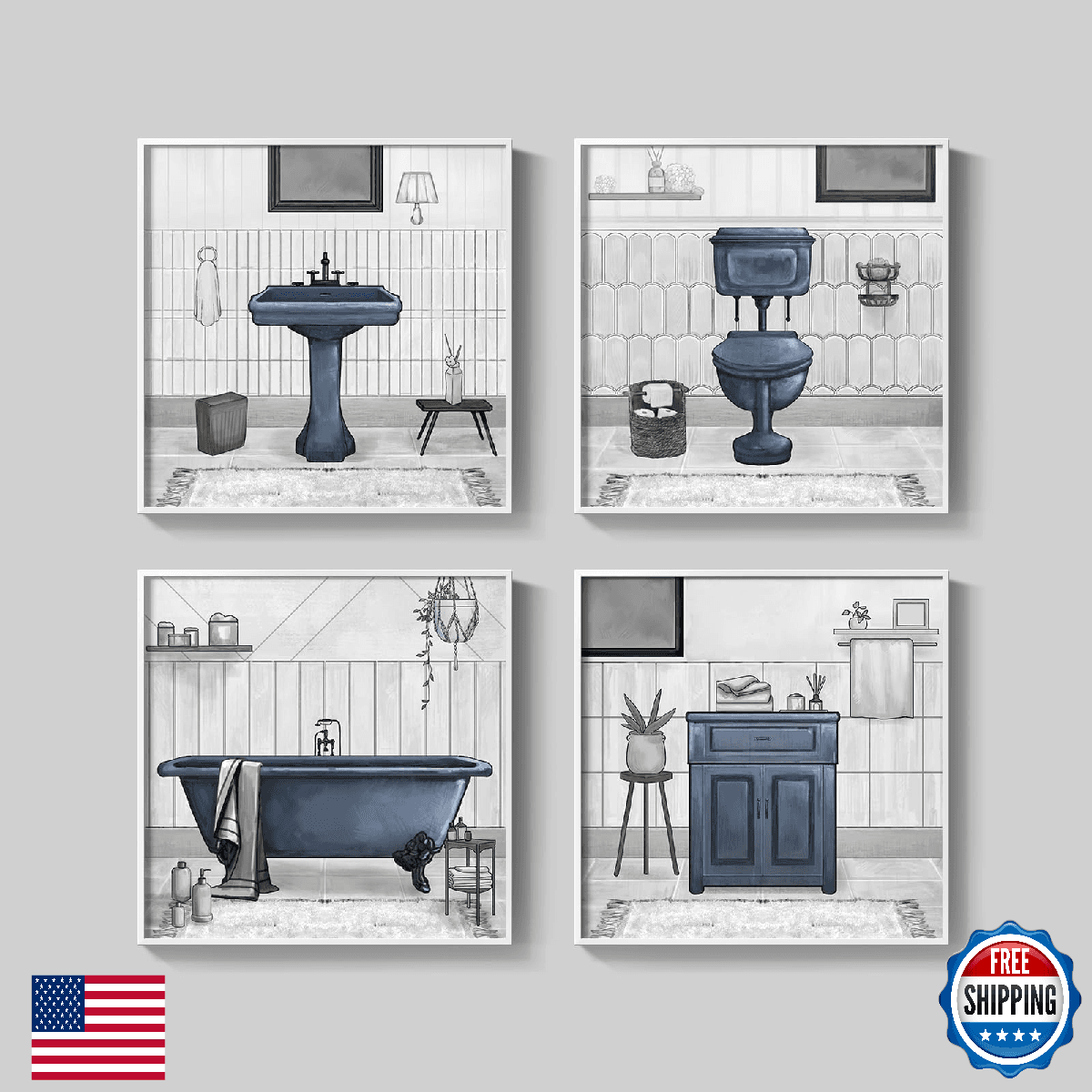 Framed Bathroom Wall Art Decor, Set of 4 Modern Blue Canvas Prints Painting Artw - Image 1