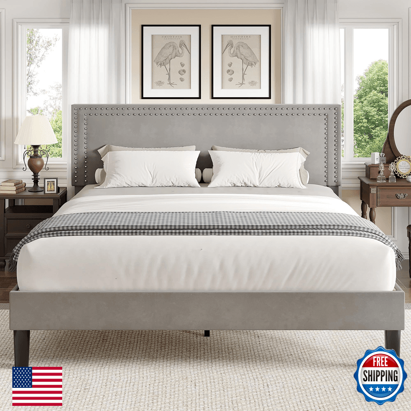 Vecelo Full Size Platform Bed Frame Height Adjustable Upholstered Headboard - Image 1