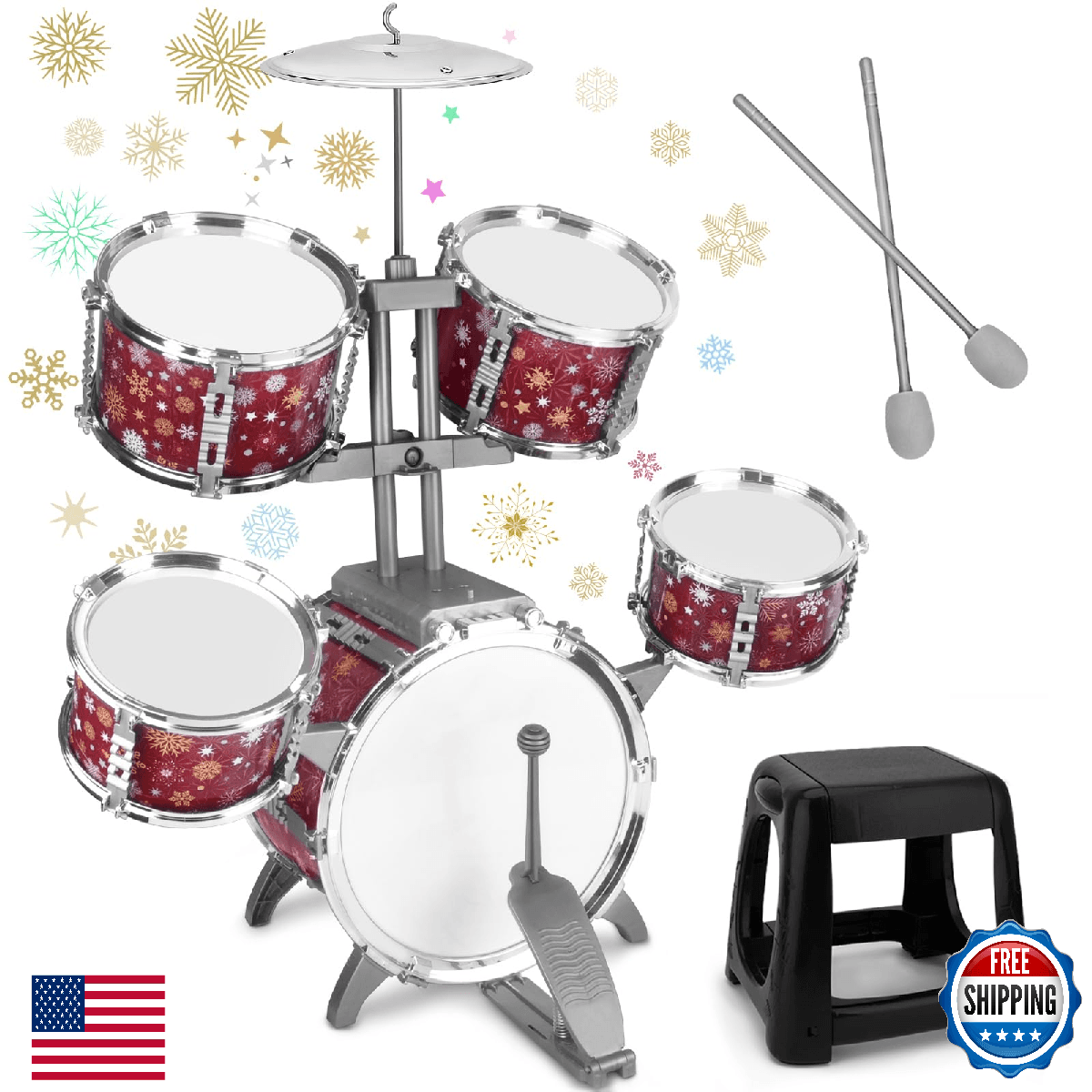 Kids Jazz Drum Set w/ Stool & Sticks for Toddlers 3-7 Learning Toy Gift - Image 1