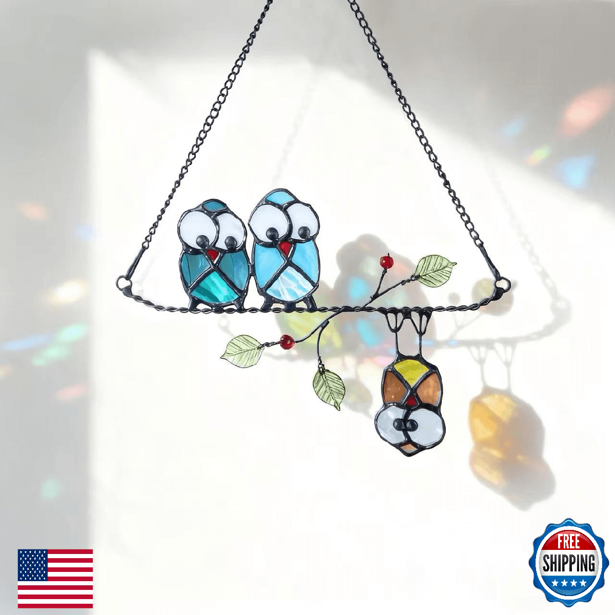Stained Glass Art: 3 Owls on Tree Window Hanging Decor - Handcrafted Tiffany Sty - Image 1