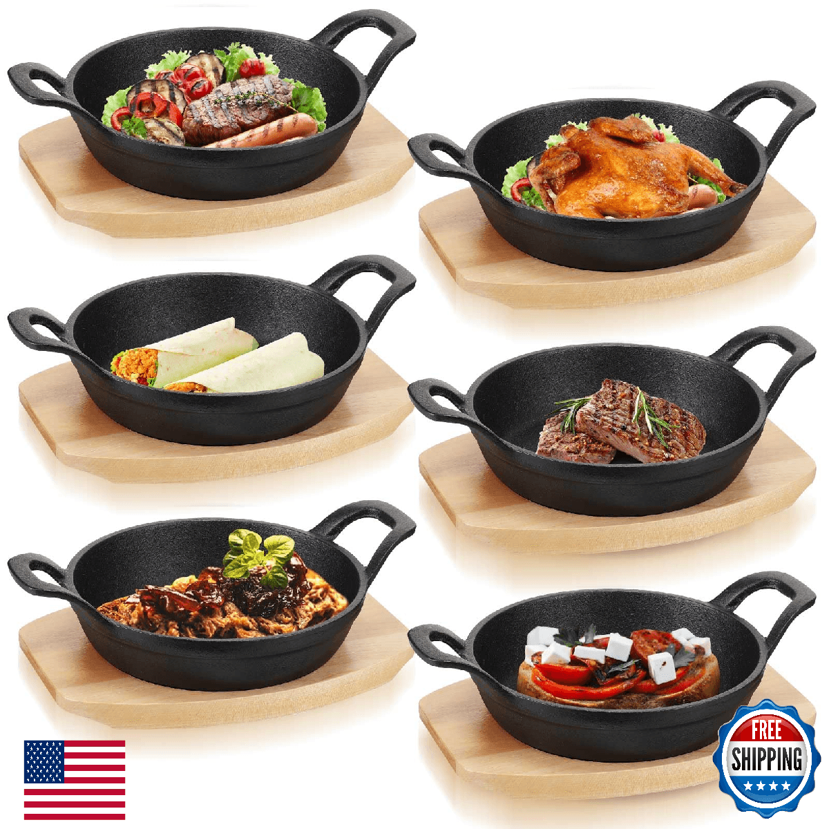 Nuogo 6 Sets Mini Cast Iron Skillets with Wooden Bases - Durable 4.9" Plates - Image 1