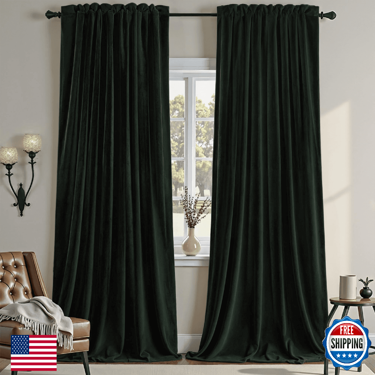 Nemia Dark Green Velvet Thermal Insulated Blackout Curtains for Bedroom - Image 1