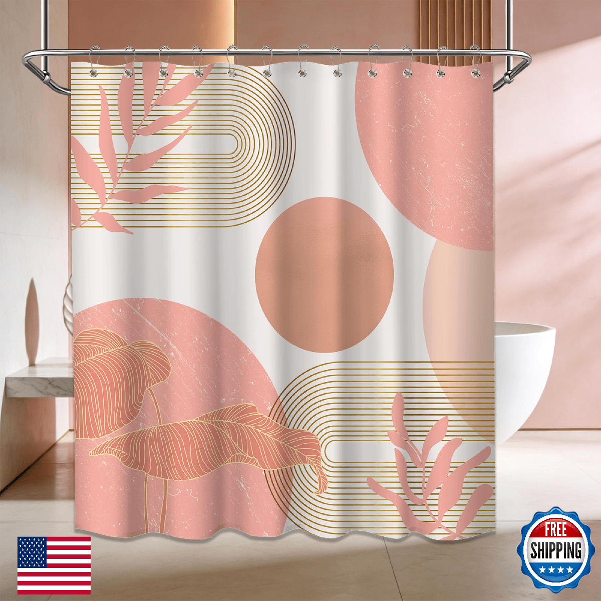 Keeuy Coral Shower Curtain White and Peach Color Shower Curtains for Bathroom De - Image 1