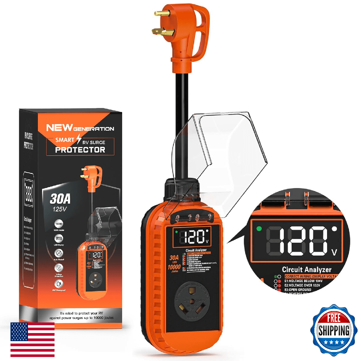 Docusvect Smart RV Surge Protector 30A Auto Shutoff & Reset 10,000J - Image 1