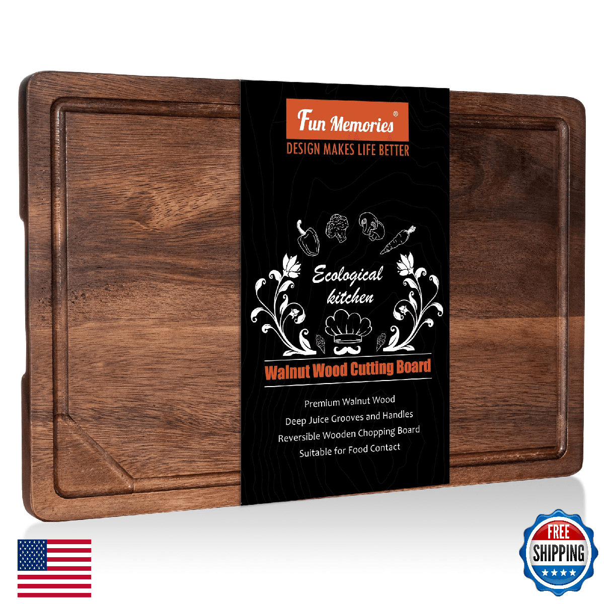 Fun Memories Black Walnut Cutting Board for Kitchen, Reversible Large Butcher Bl - Image 1